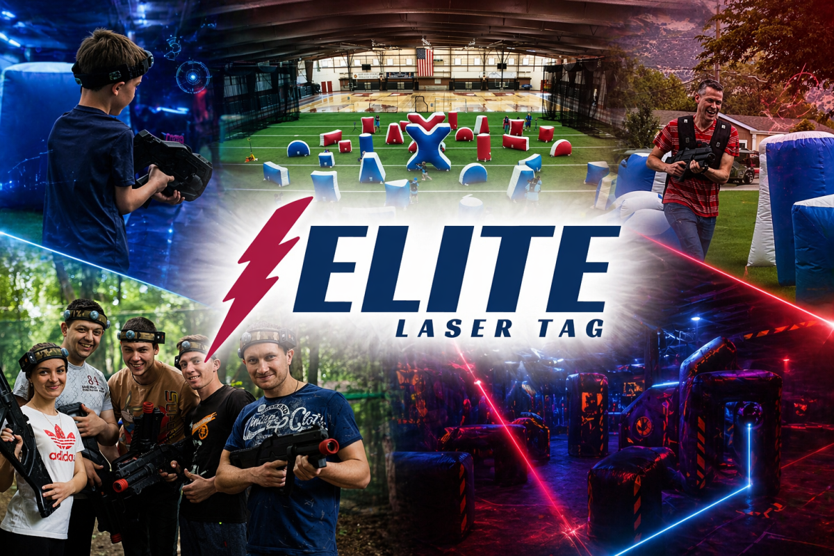 Elite Laser Tag gameplay collage with players and indoor arenas